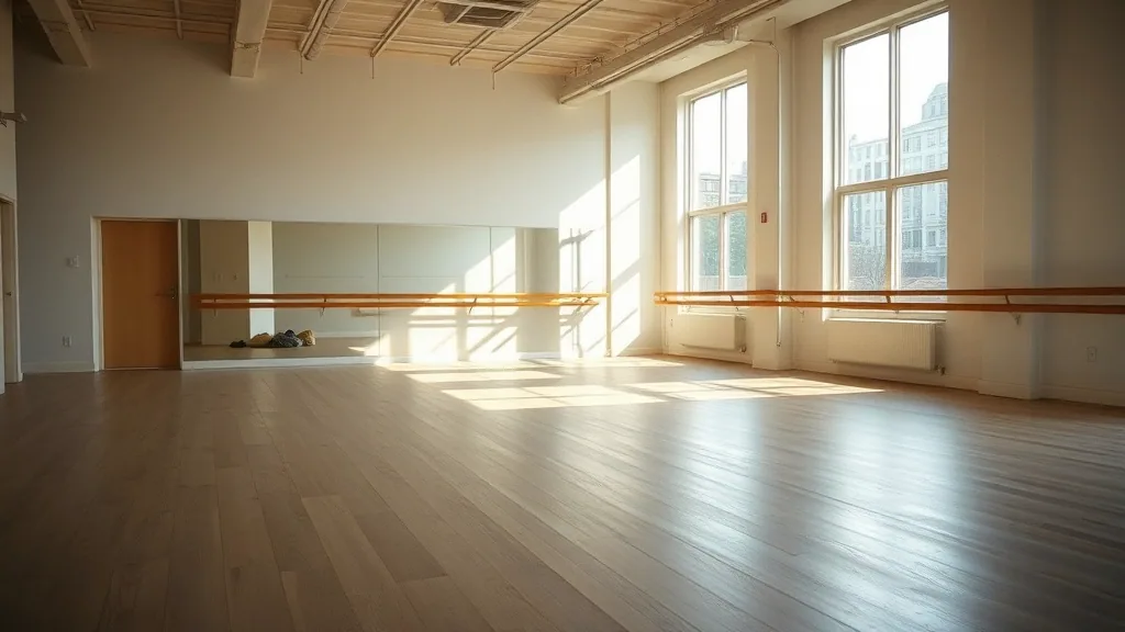 An empty dance studio with a sprung wood floor, a wooden barre along a mirrored wall and afternoon sun falling through tall windows