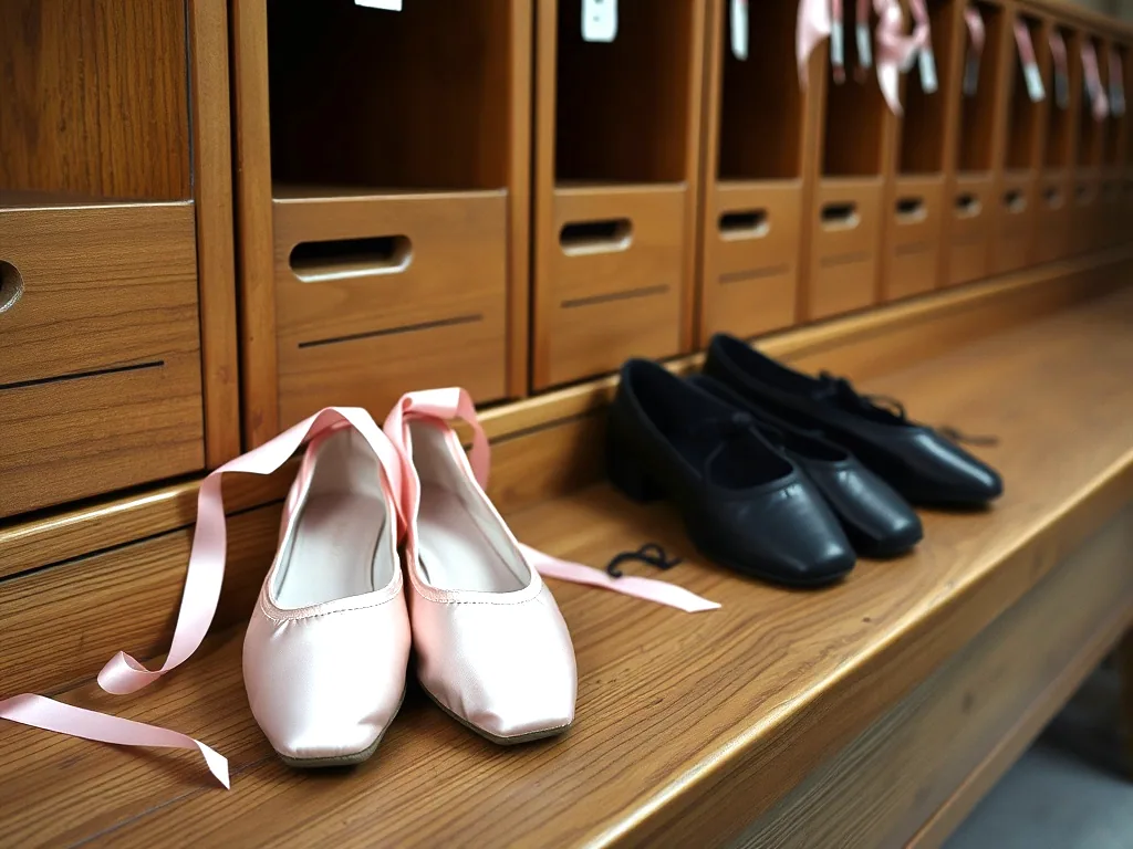 Pink satin ballet shoes with loose ribbons and a pair of black tap shoes on a wooden bench beside a wall of cubbies