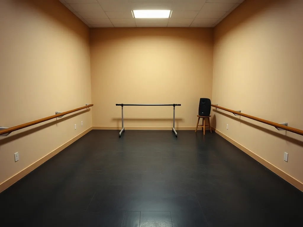 A small studio room with a black tap floor, barres on both side walls, a portable barre and a speaker on a stool at the far end
