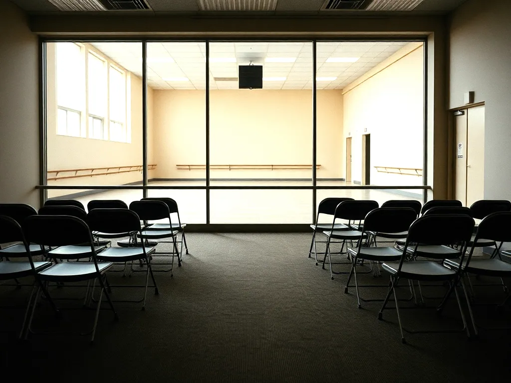 Folding chairs set in rows in a carpeted waiting area facing a wide interior window that looks through into a studio
